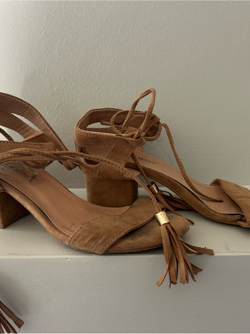 Suede Tie-Ankle Block Heel Sandals in Tan